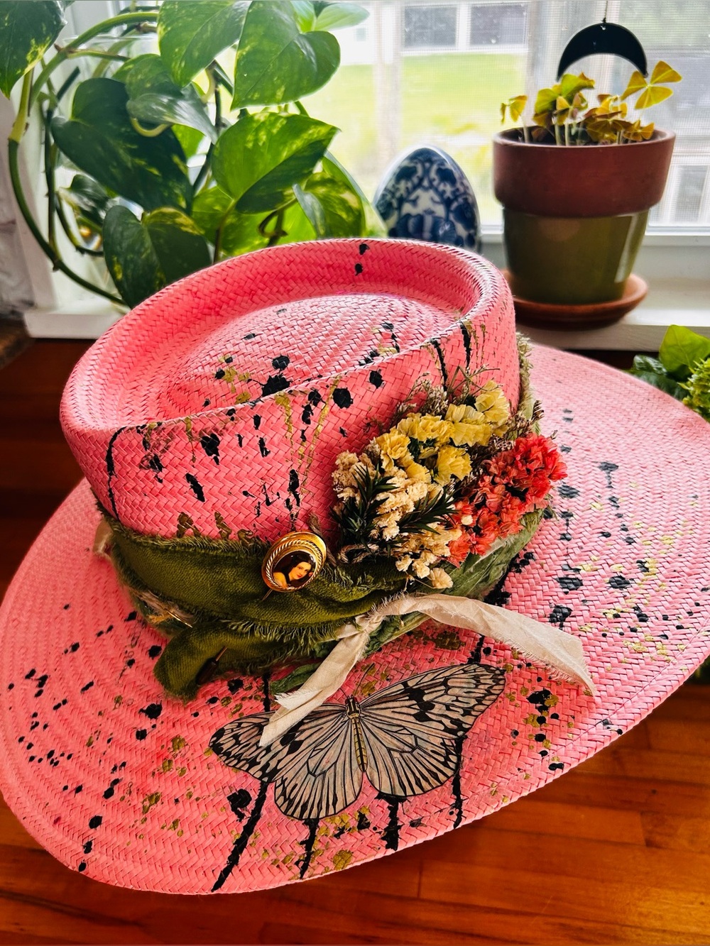 Pink Straw Wide-Brim Hat with Olive Velvet Band and Floral Accent